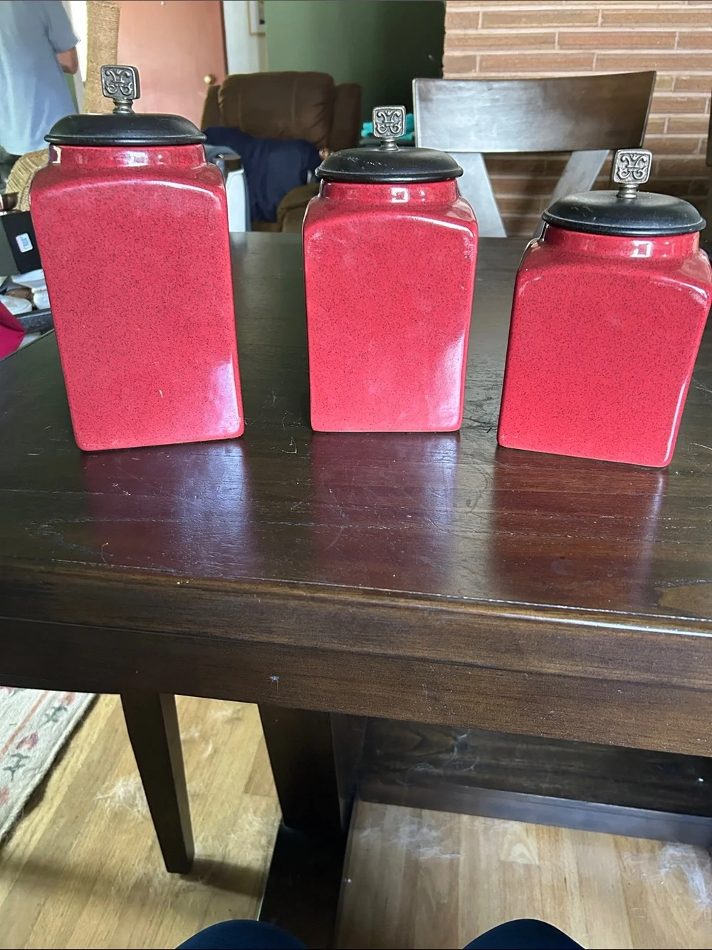 Red Ceramic Kitchen Canister Set with Metal Accents - 3 Piece